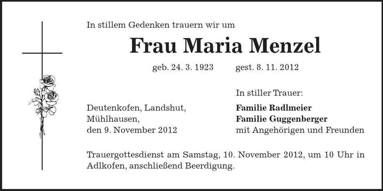 Traueranzeige Maria Menzel