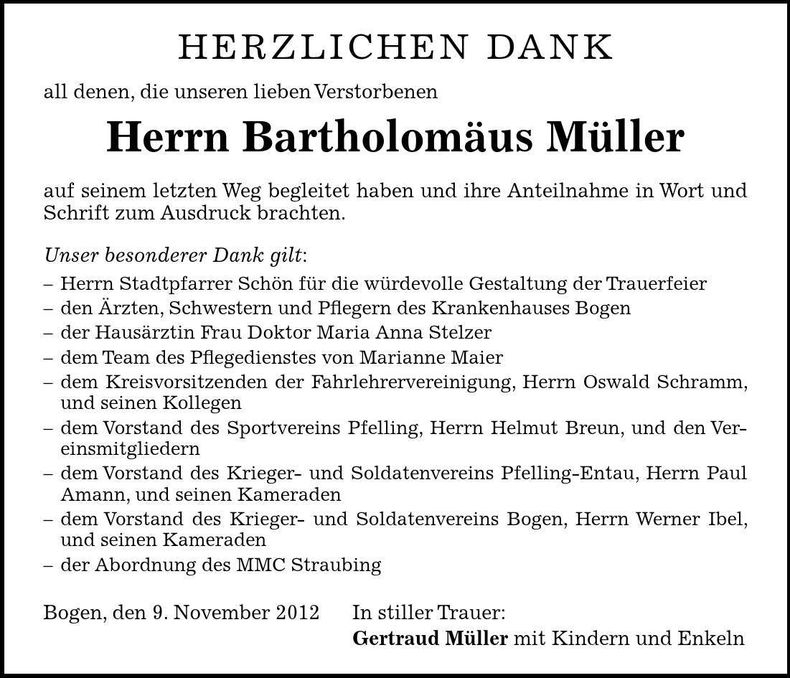 Traueranzeige Bartholomäus Müller