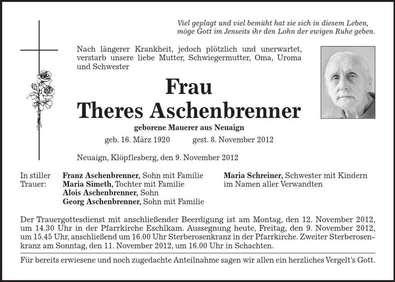 Traueranzeige Theres Aschenbrenner
