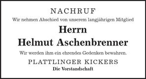 Traueranzeige Helmut Aschenbrenner