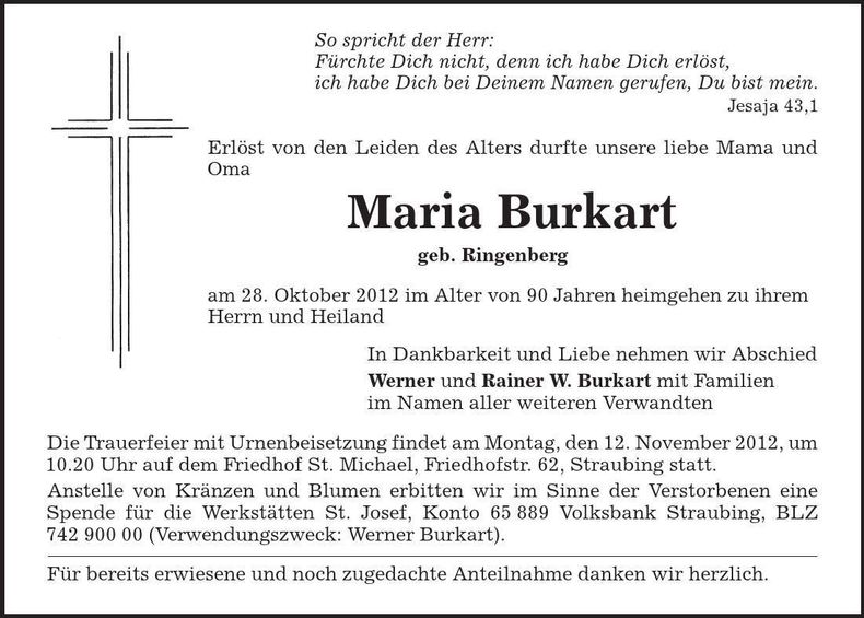 Traueranzeige Maria Burkart