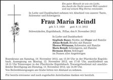 Traueranzeige Maria Reindl