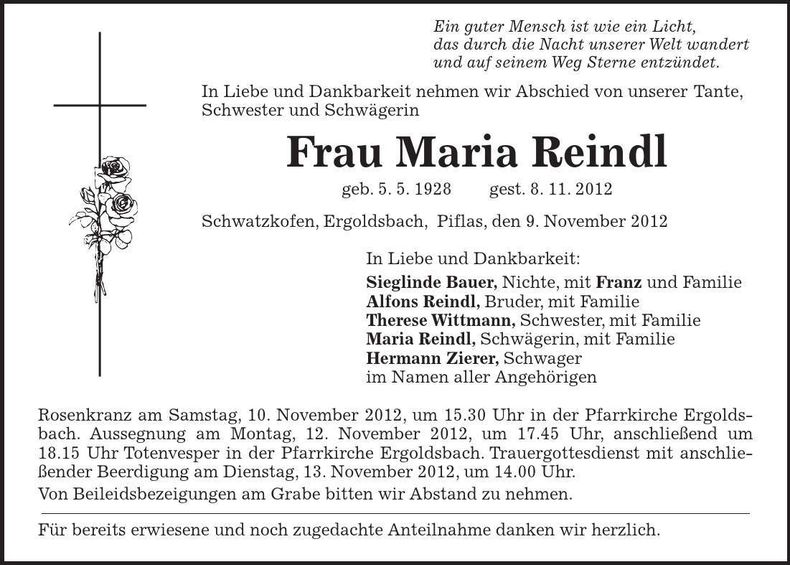 Traueranzeige Maria Reindl