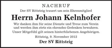 Traueranzeige Johann Kelnhofer