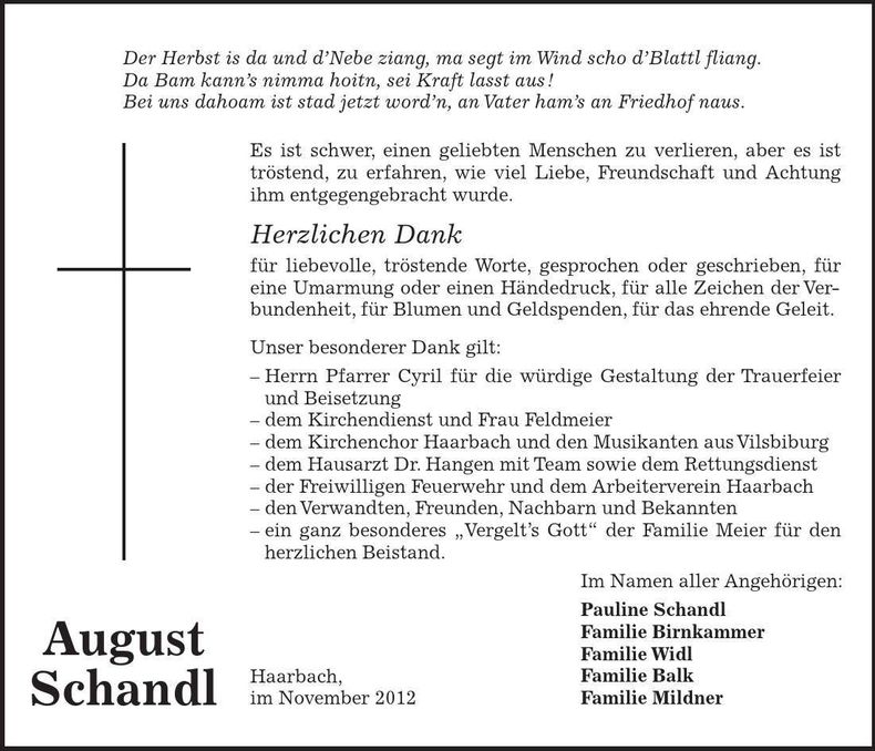 Traueranzeige August Schandl