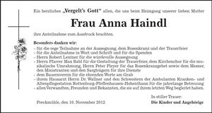 Traueranzeige Anna Haindl