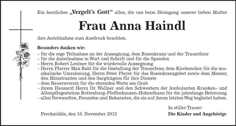Traueranzeige Anna Haindl