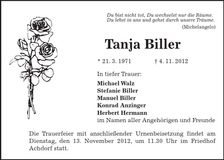 Traueranzeige Tanja Biller