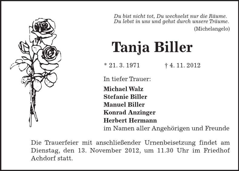Traueranzeige Tanja Biller