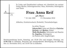 Traueranzeige Anna Reif