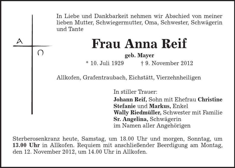 Traueranzeige Anna Reif