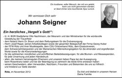 Traueranzeige Johann Seigner