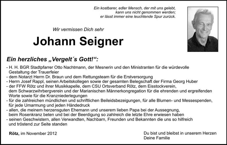 Traueranzeige Johann Seigner