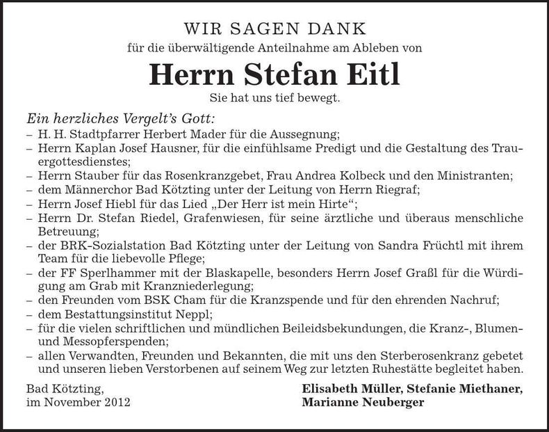 Traueranzeige Stefan Eitl