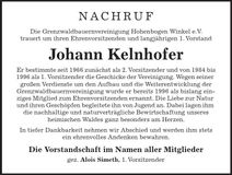 Traueranzeige Johann Kelnhofer