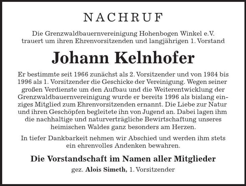 Traueranzeige Johann Kelnhofer