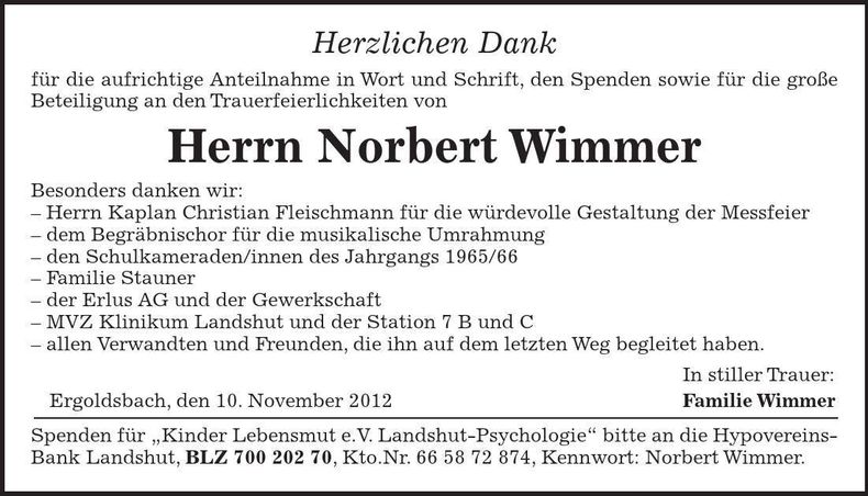 Traueranzeige Norbert Wimmer