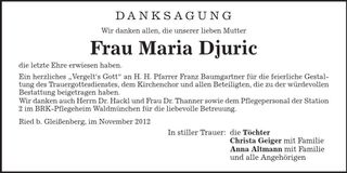 Traueranzeige Maria Djuric