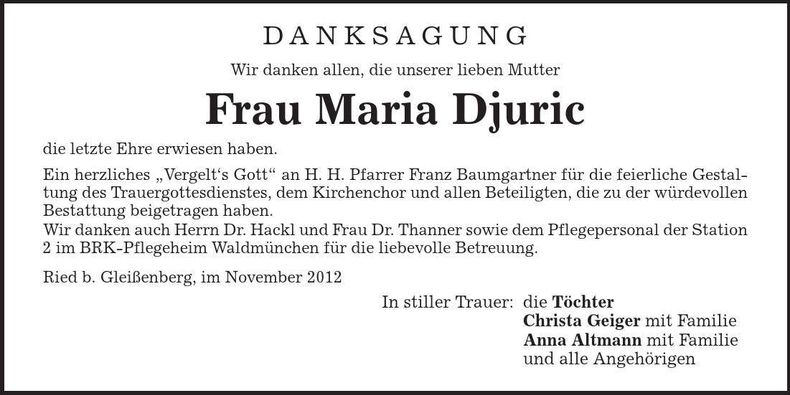 Traueranzeige Maria Djuric