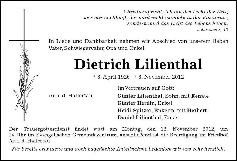 Traueranzeige Dietrich Lilienthal