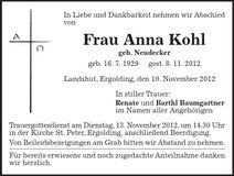 Traueranzeige Anna Kohl