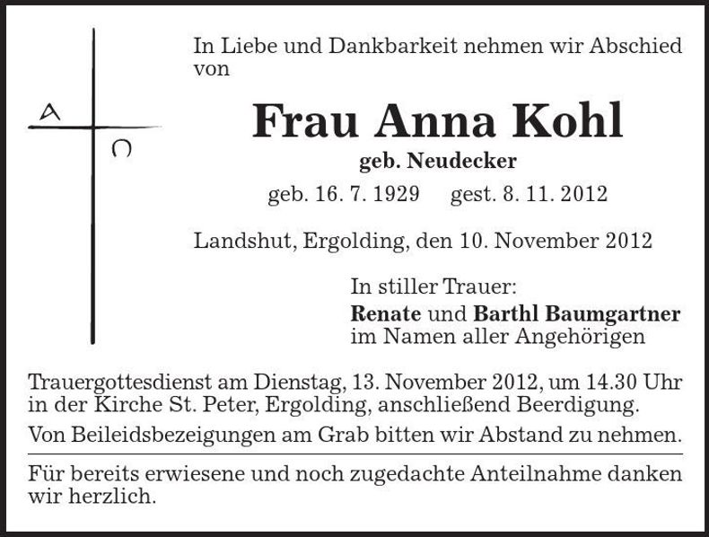 Traueranzeige Anna Kohl