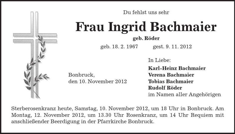 Traueranzeige Ingrid Bachmaier