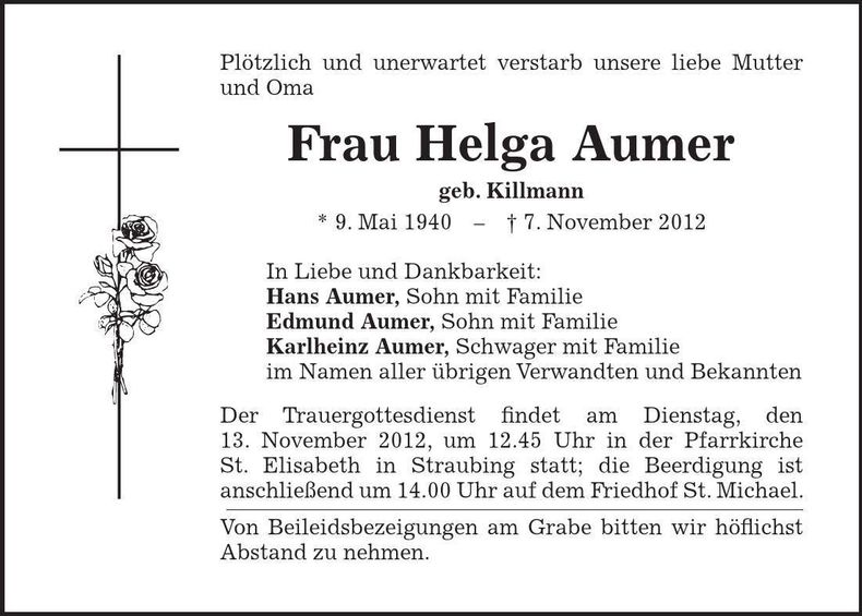 Traueranzeige Helga Aumer