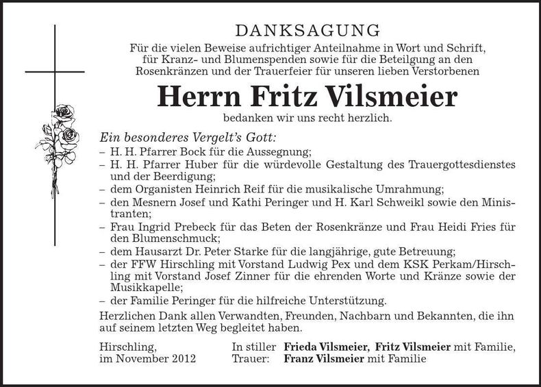 Traueranzeige Fritz Vilsmeier