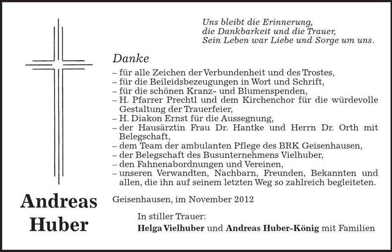 Traueranzeige Andreas Huber
