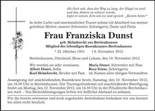 Traueranzeige Franziska Dunst