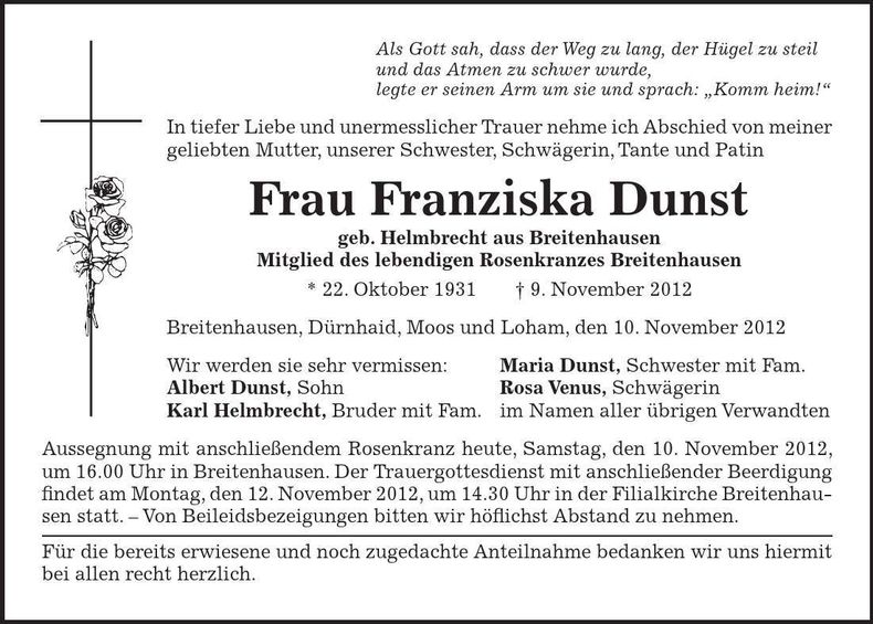 Traueranzeige Franziska Dunst