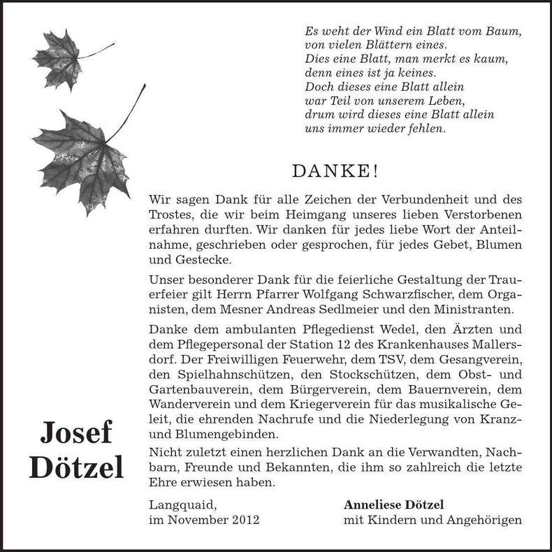 Traueranzeige Josef Dötzel
