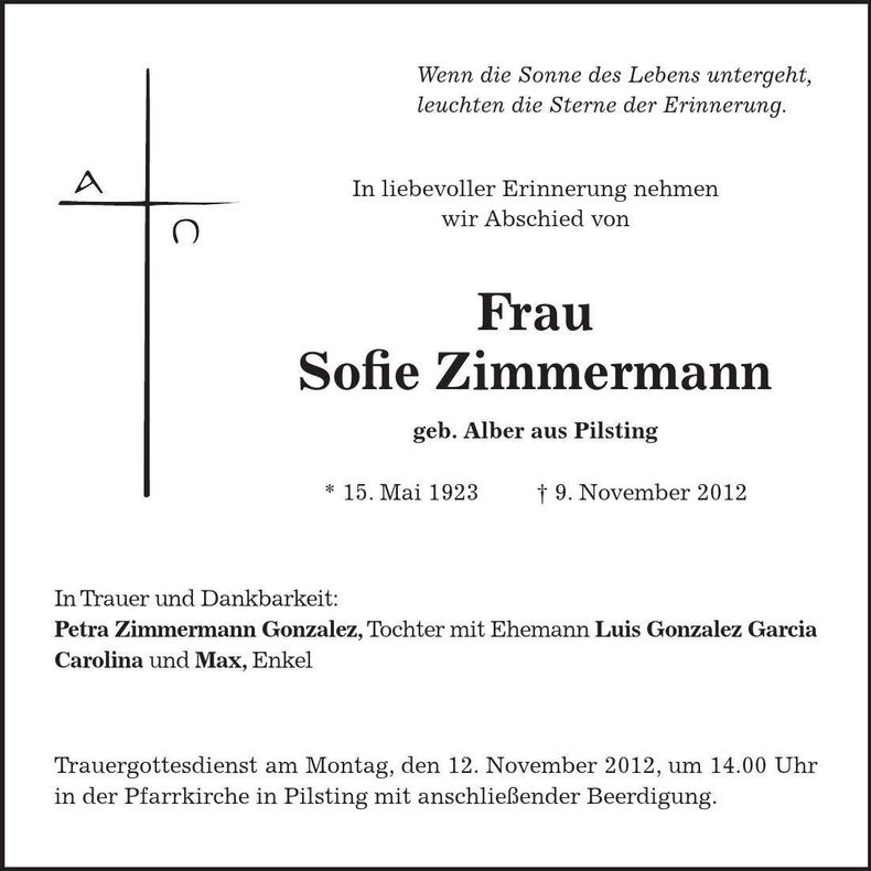 Traueranzeige Sofie Zimmermann