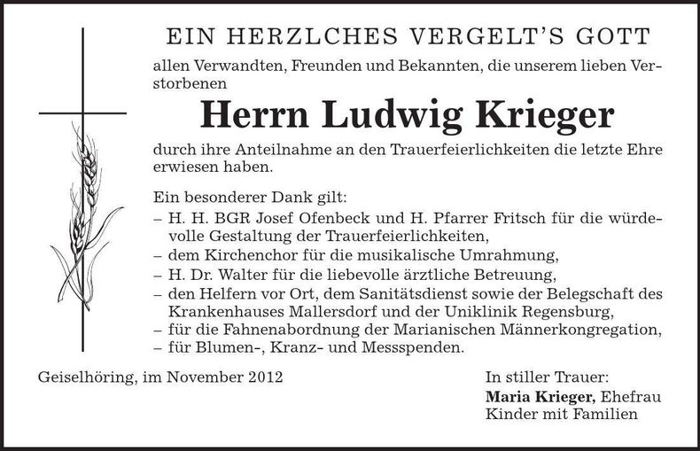 Traueranzeige Ludwig Krieger