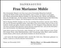 Traueranzeige Marianne Mühle