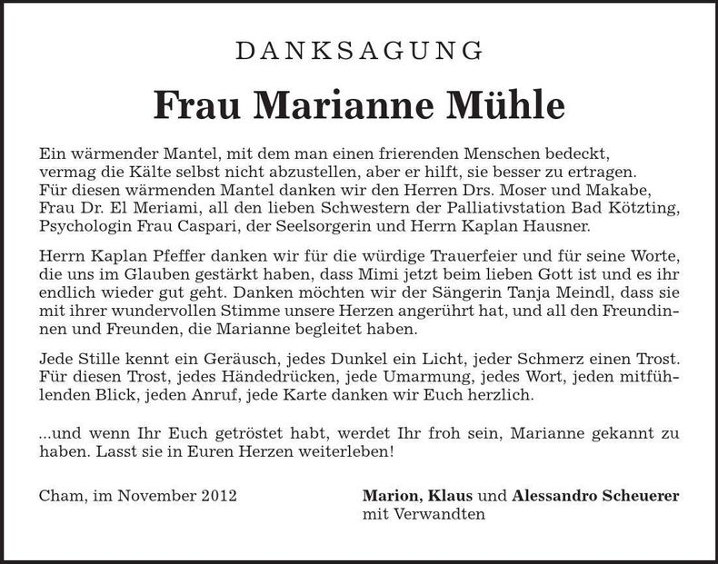 Traueranzeige Marianne Mühle