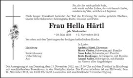 Traueranzeige Hella Härtl