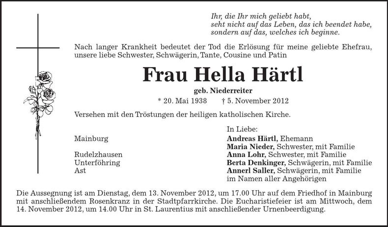 Traueranzeige Hella Härtl