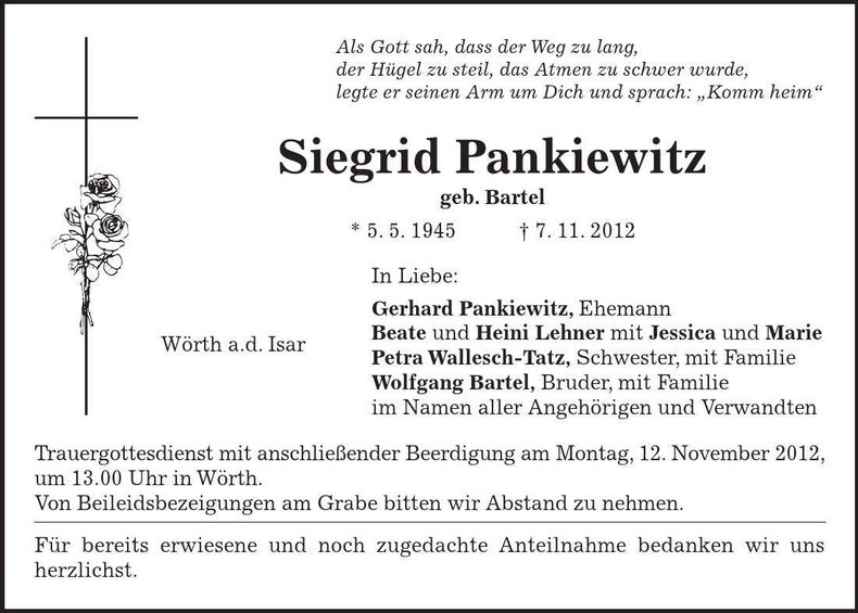Traueranzeige Siegrid Pankiewitz