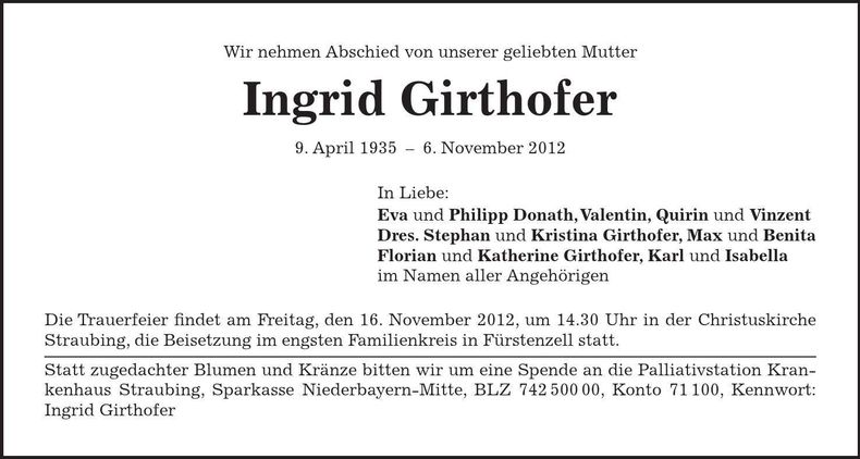 Traueranzeige Ingrid Girthofer