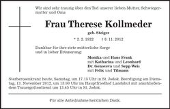 Traueranzeige Therese Kollmeder