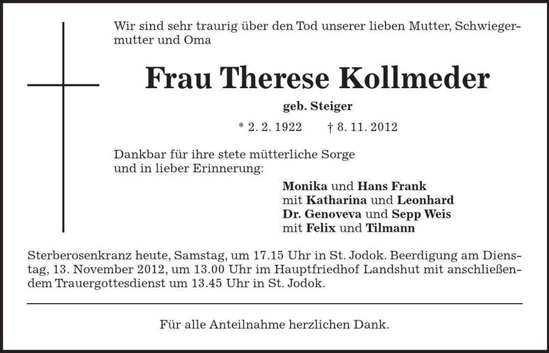 Traueranzeige Therese Kollmeder