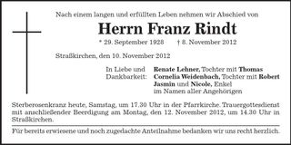 Traueranzeige Franz Rindt