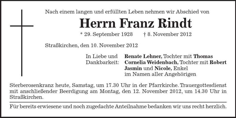 Traueranzeige Franz Rindt