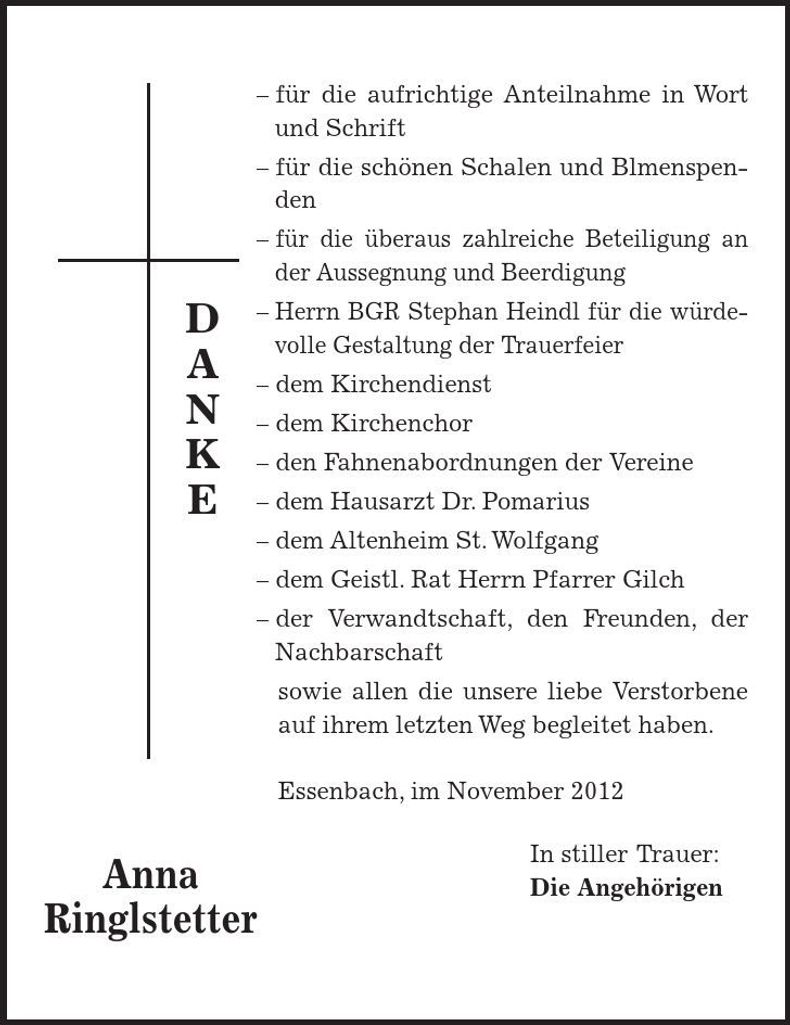 Traueranzeige Anna Ringlstetter