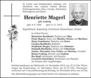 Traueranzeige Henriette Magerl