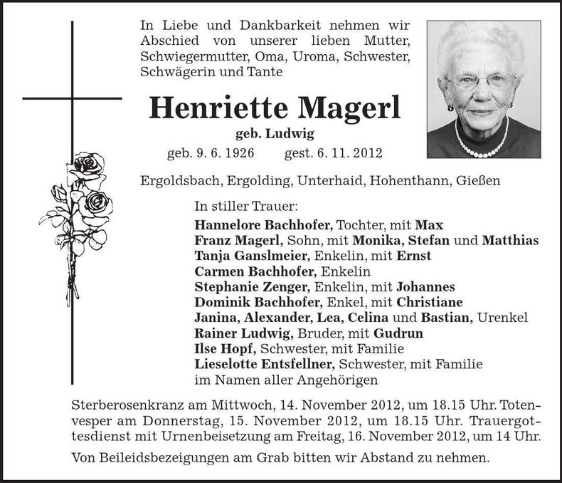 Traueranzeige Henriette Magerl
