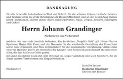 Traueranzeige Johann Grandinger