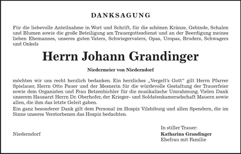 Traueranzeige Johann Grandinger